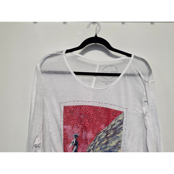 Women's Lucky Brand White Red Peacock Print Sheer‎ Short Sleeve Tee Plus Size 3X - Picture 4 of 9